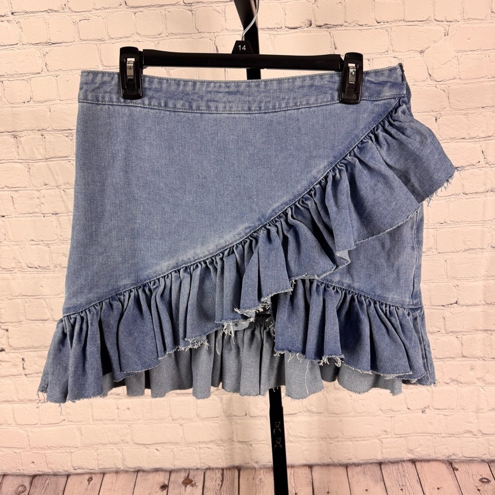 Nasty Gal Asymmetrical Ruffle Hem Denim Mini Skirt Light Blue Size 10